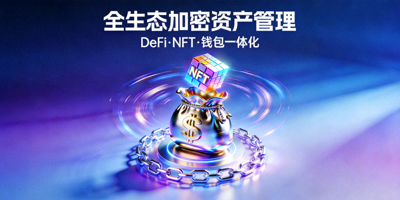 DeFi、NFT与钱包图标融合，展示全生态加密资产管理愿景