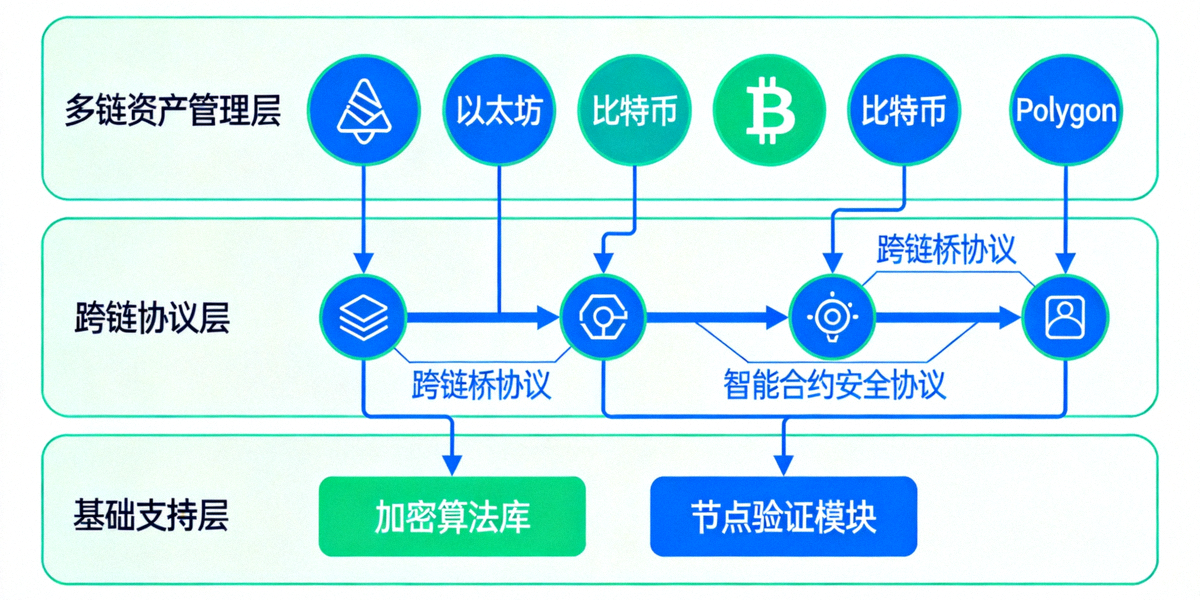 多链加密资产管理技术架构示意图，展示多条区块链网络通过安全协议连接