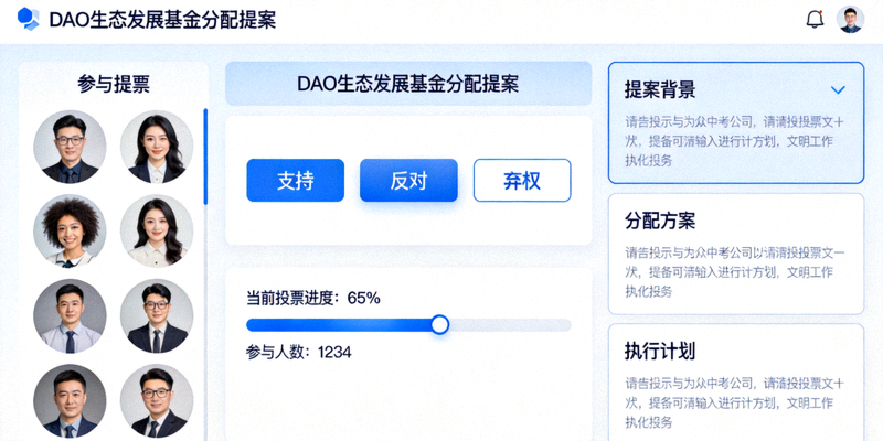 DAO组织治理投票界面，展示提案与投票过程