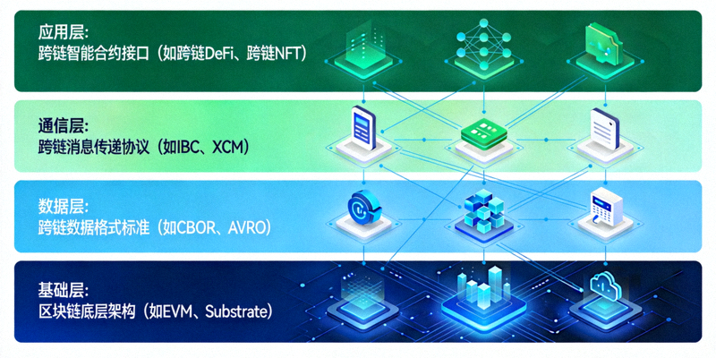 跨链互操作性协议栈，展示不同层次的通信协议与标准