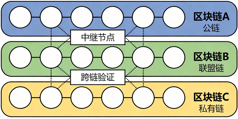 跨链桥技术架构示意图，展示多条区块链通过中继节点相互连接