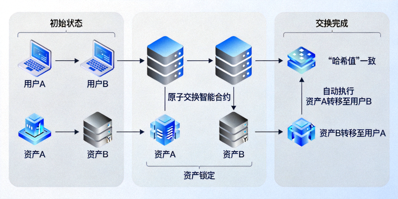 原子交换技术原理图，展示两个用户在不同区块链上直接交换资产的流程